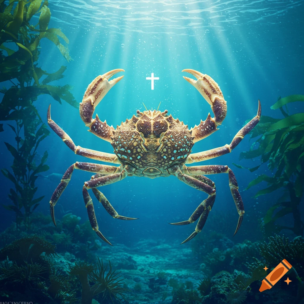 A hyper-realistic crab floats underwater, with rays of light shining down and a glowing white cross symbol above its back.