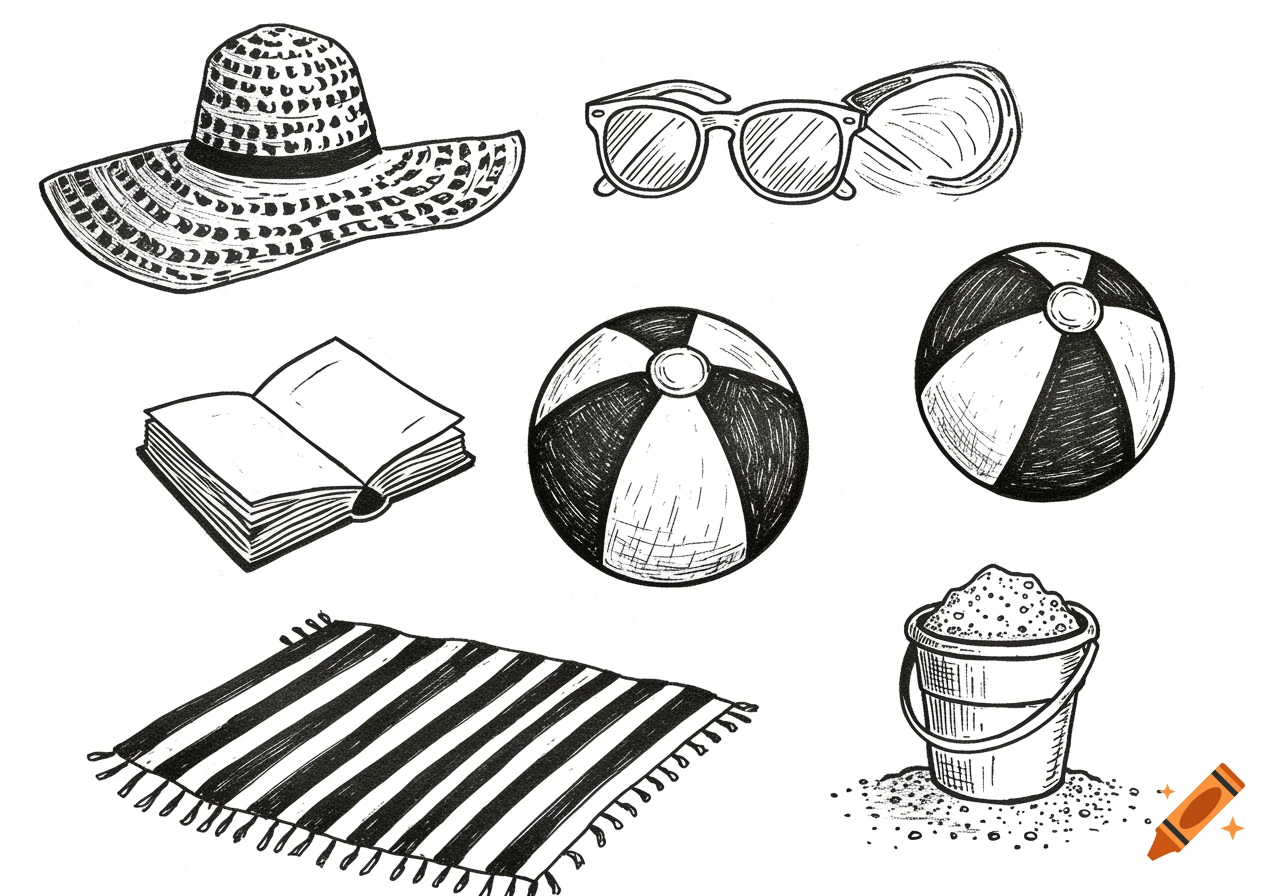 Black and white ink illustration of various beach items, including a hat, sunglasses, beach balls, a book, a towel, and a sand bucket.