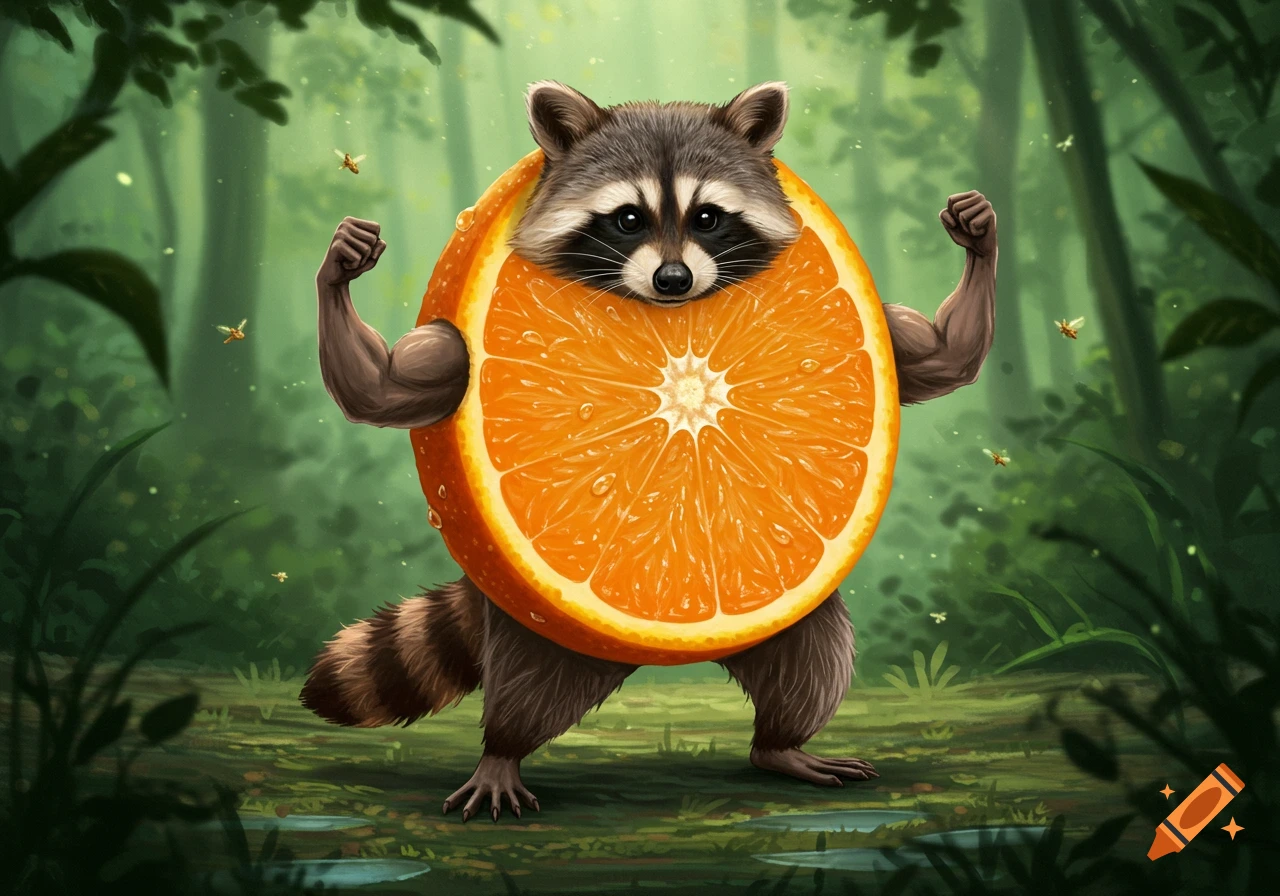 A cartoonish raccoon with an orange fruit slice as its body, flexing muscular human arms and legs in a green forest with fireflies.