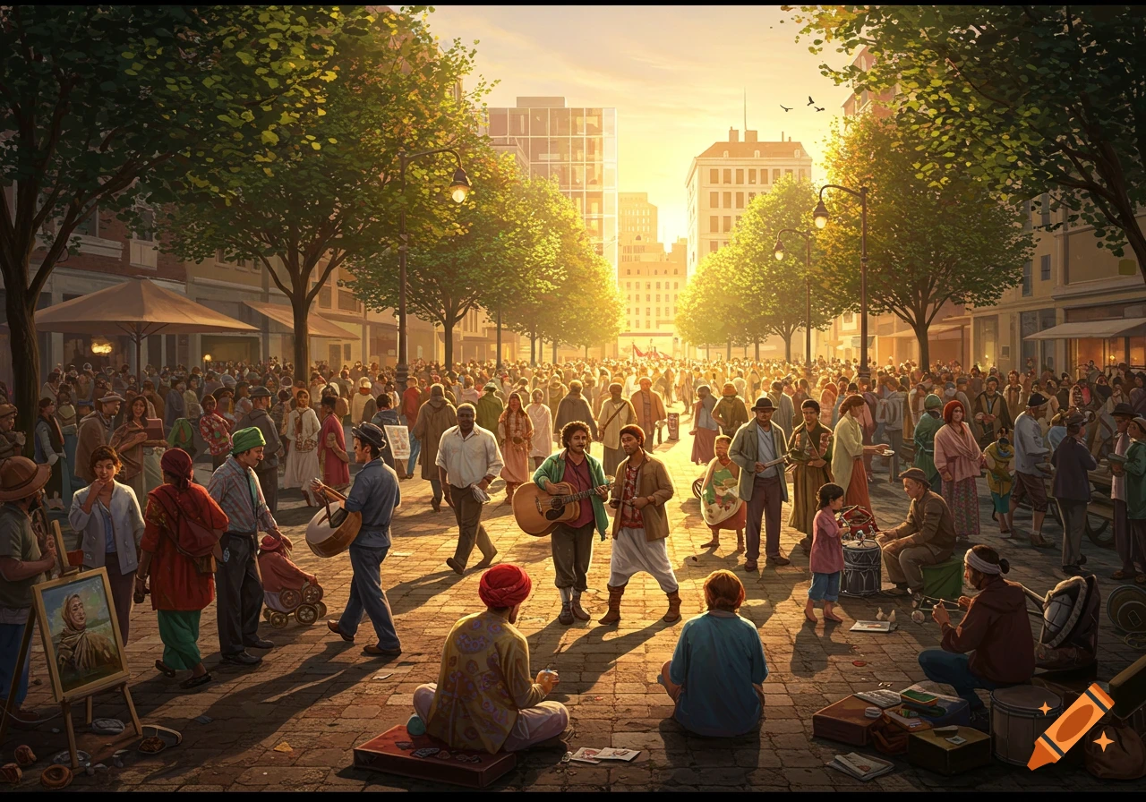 A large crowd of diverse people fills a bustling city street at sunset, with musicians performing and others walking by in a vibrant market scene.