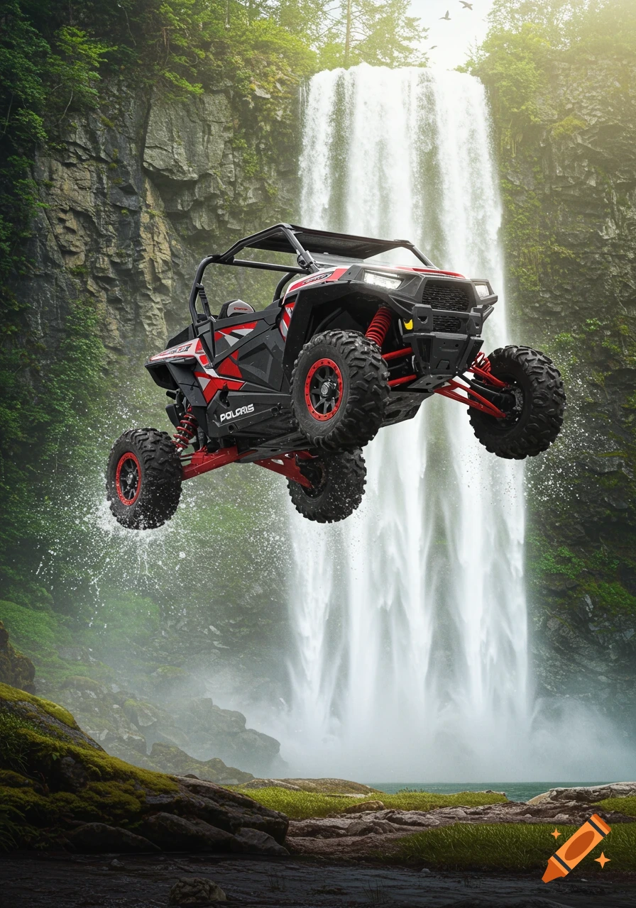 A red and black Polaris RZR Pro R off-road vehicle leaps high over a large waterfall, splashing water.