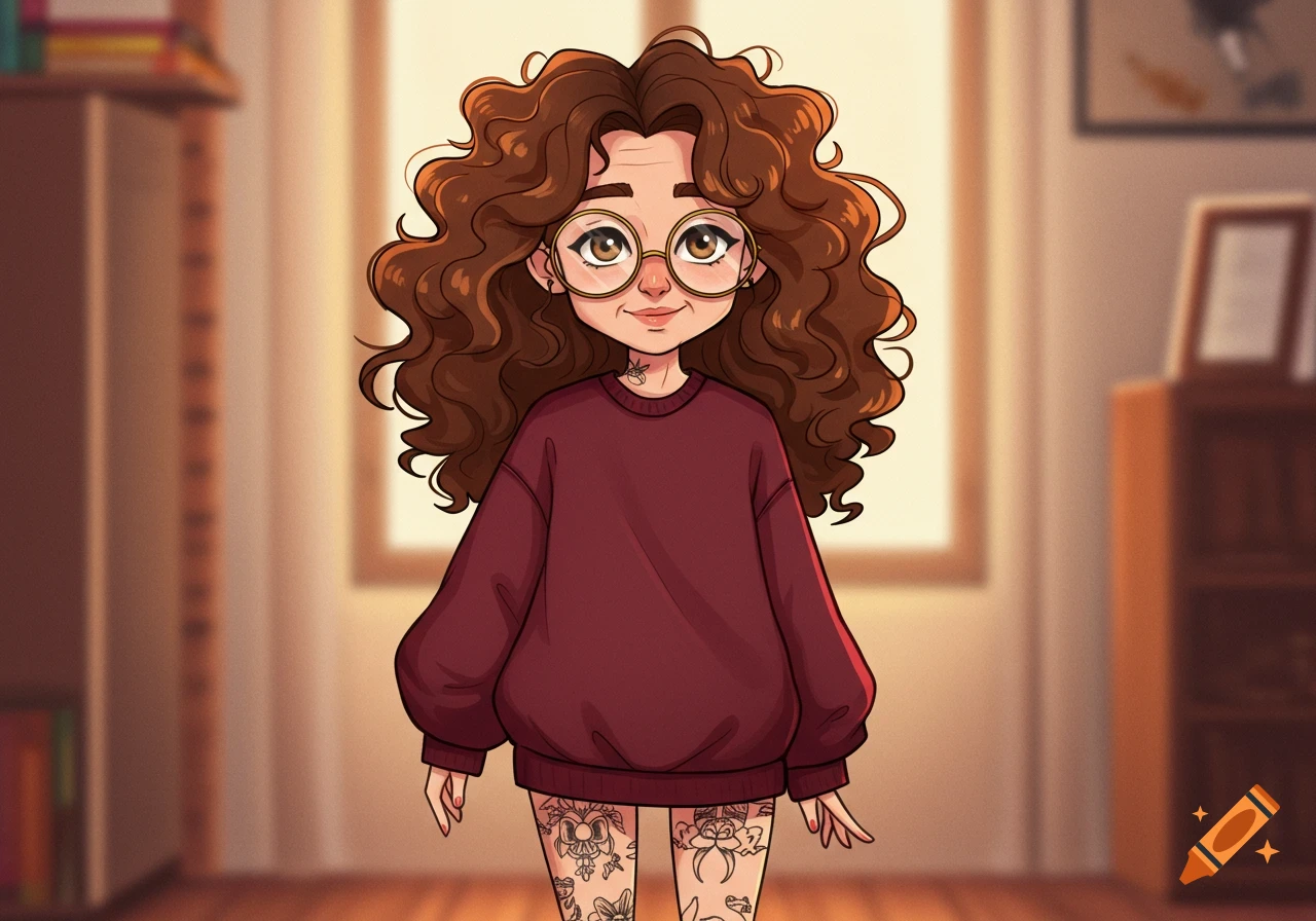 Cartoon character with curly brown hair, glasses, maroon sweatshirt, and tattooed legs, standing in a room.
