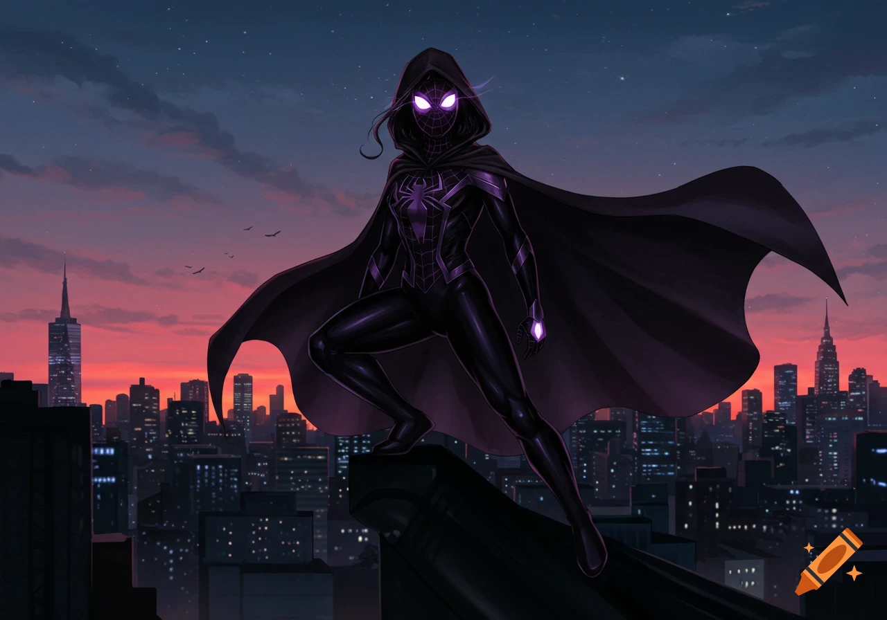 A female superhero in a black and purple web-design suit and dark cape stands on a rooftop overlooking a city at sunset, comic art style.