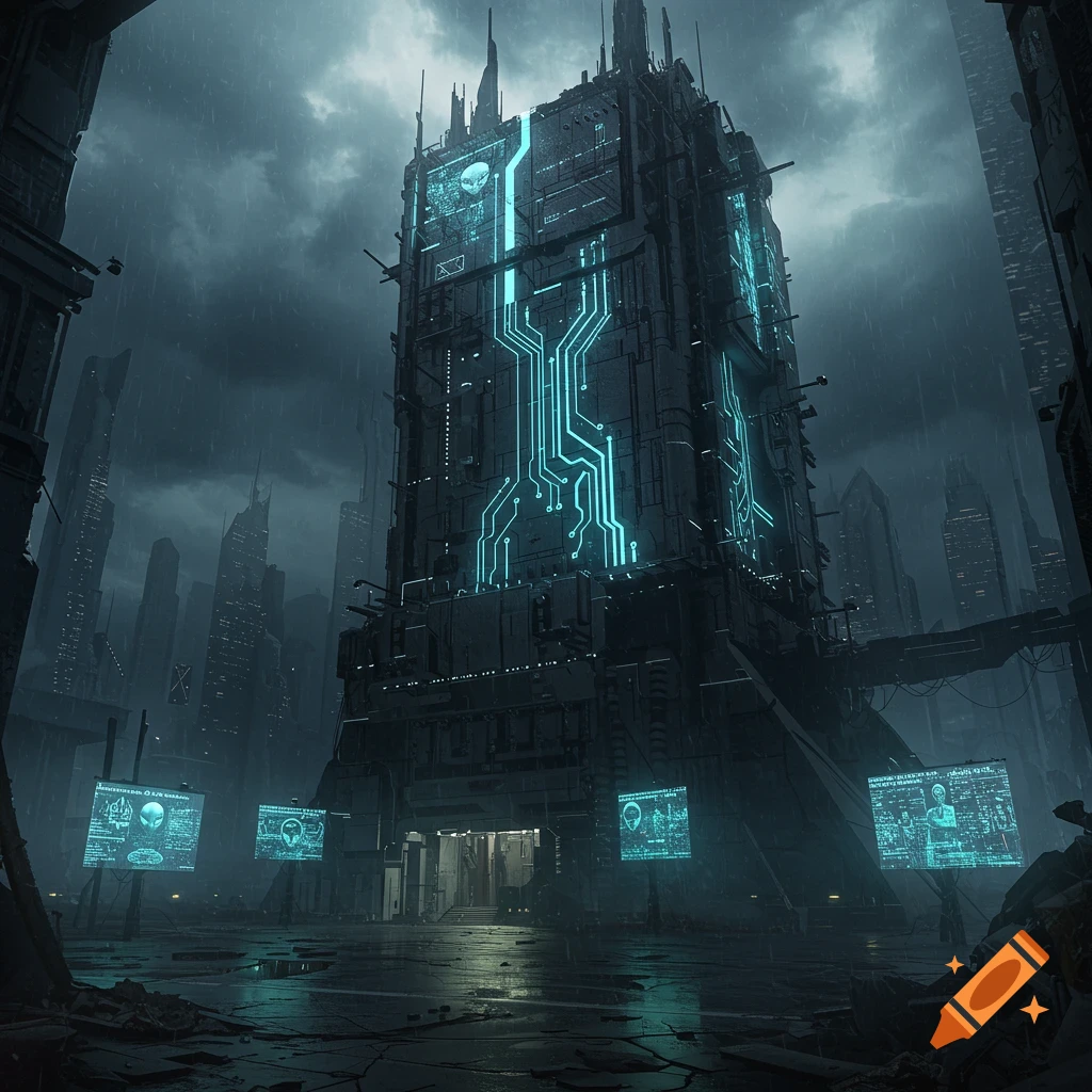A grimdark futuristic city at night, with a large, imposing building featuring glowing blue circuit patterns and screens, under a rainy sky.