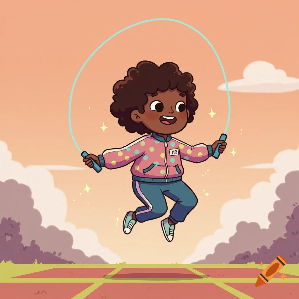 A smiling cartoon child with curly brown hair jumps rope outdoors, wearing a pink polka-dot jacket and a blue tracksuit, against an orange sky with clouds.