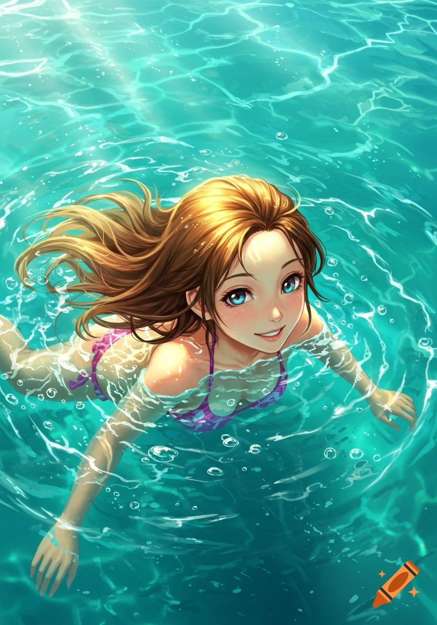 An anime-style woman with brown hair and blue eyes smiles while swimming in bright blue water, looking up at the viewer.