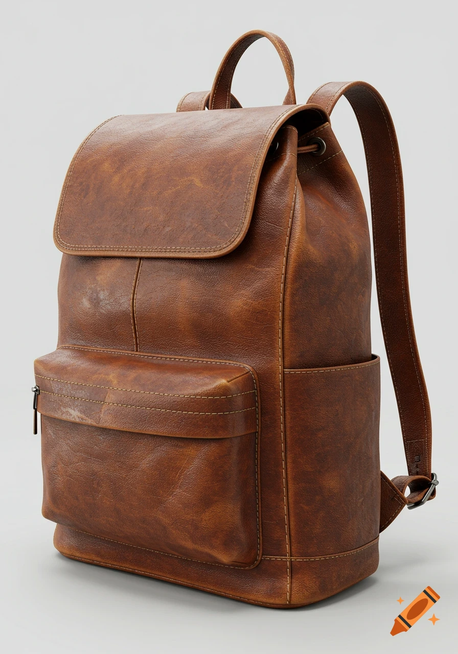 A close-up view of a brown leather backpack with a front pocket and buckle strap, on a light background.