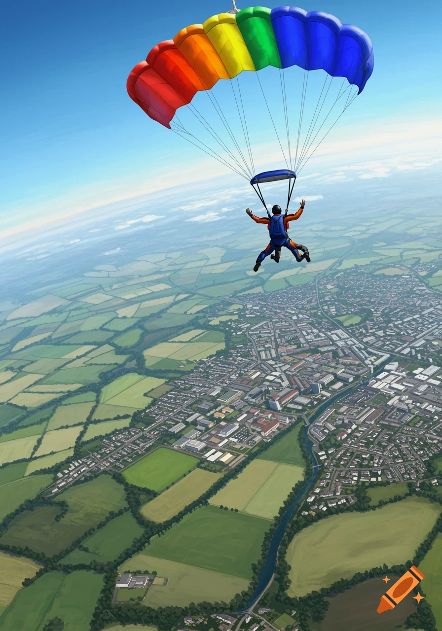 Two people tandem skydiving with a rainbow parachute high above a green landscape and city.