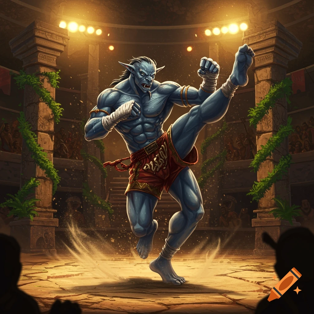 A muscular blue fantasy creature in red shorts performs a high kick in a dimly lit arena under spotlights, with a crowd in the background.