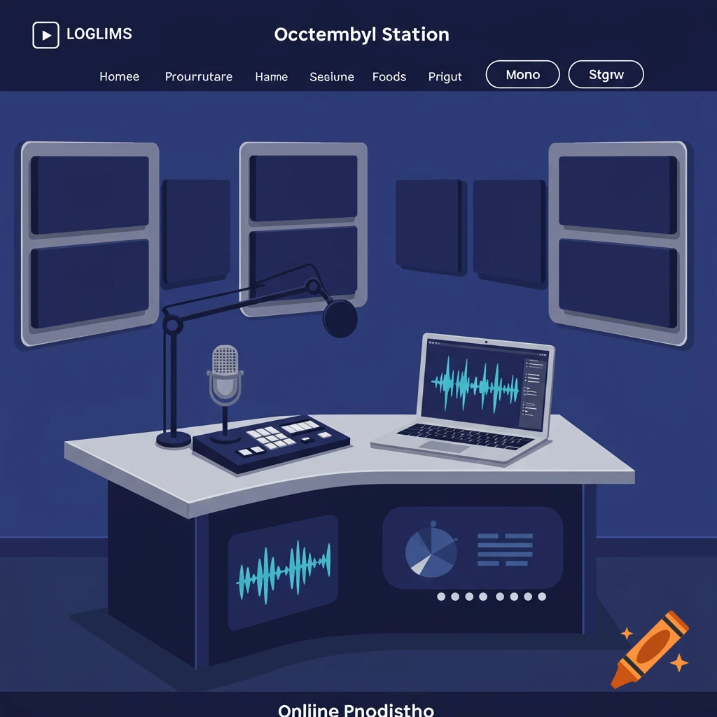 A stylized illustration of a blue radio station studio with a desk, microphone, mixing board, and laptop displaying audio waveforms.