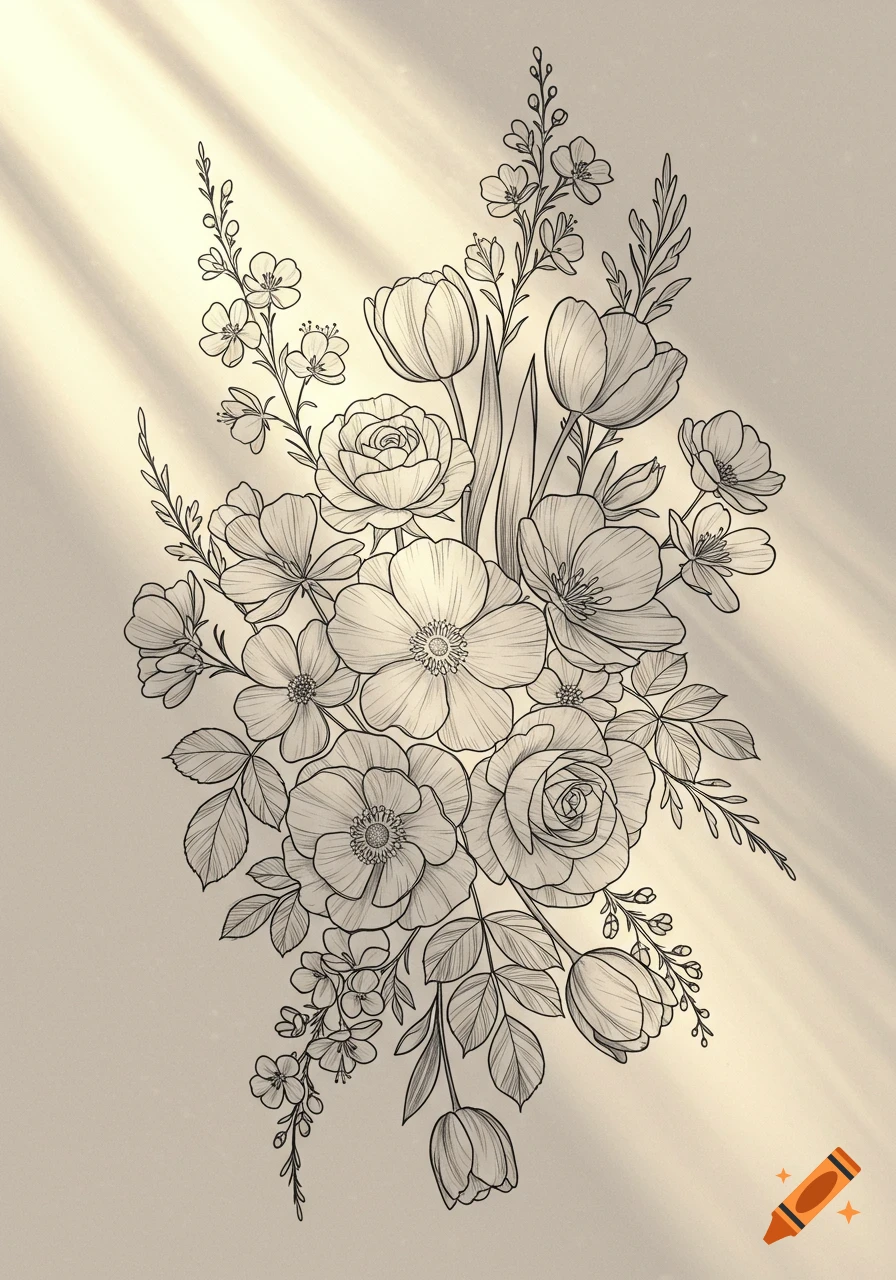 Detailed black and white line art of a floral bouquet featuring roses, tulips, and wildflowers with light rays shining through.