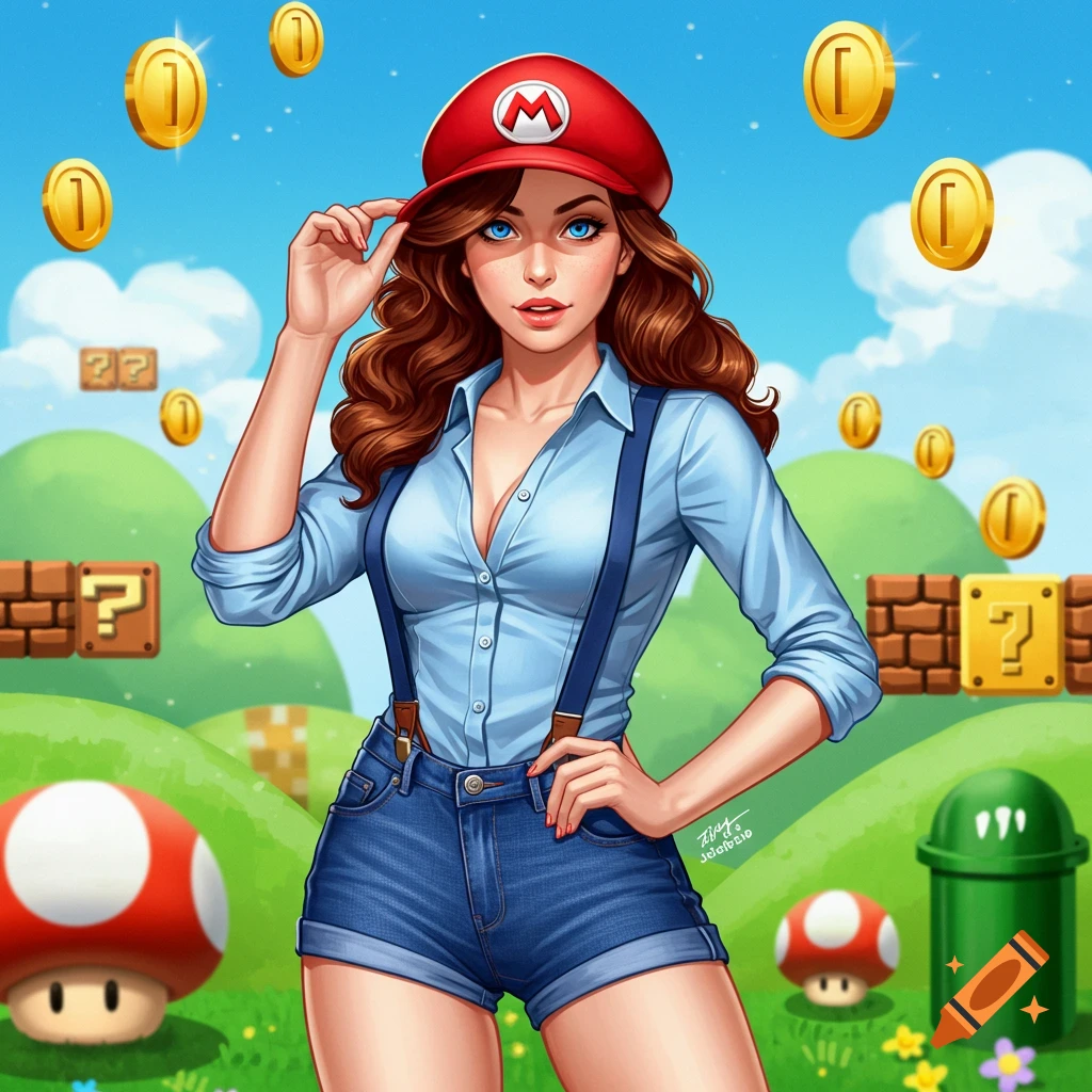 An illustration of a woman resembling Mario, wearing a red cap with an 'M', blue shirt, and denim shorts, in a Super Mario Bros. inspired landscape with coins and blocks.