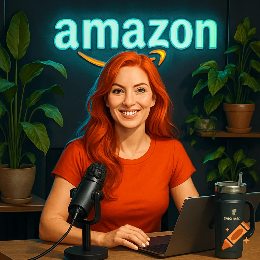 A smiling woman with long red hair and grey eyes sits at a desk with a microphone, laptop, and mug. Behind her is a glowing Amazon neon sign and potted plants.