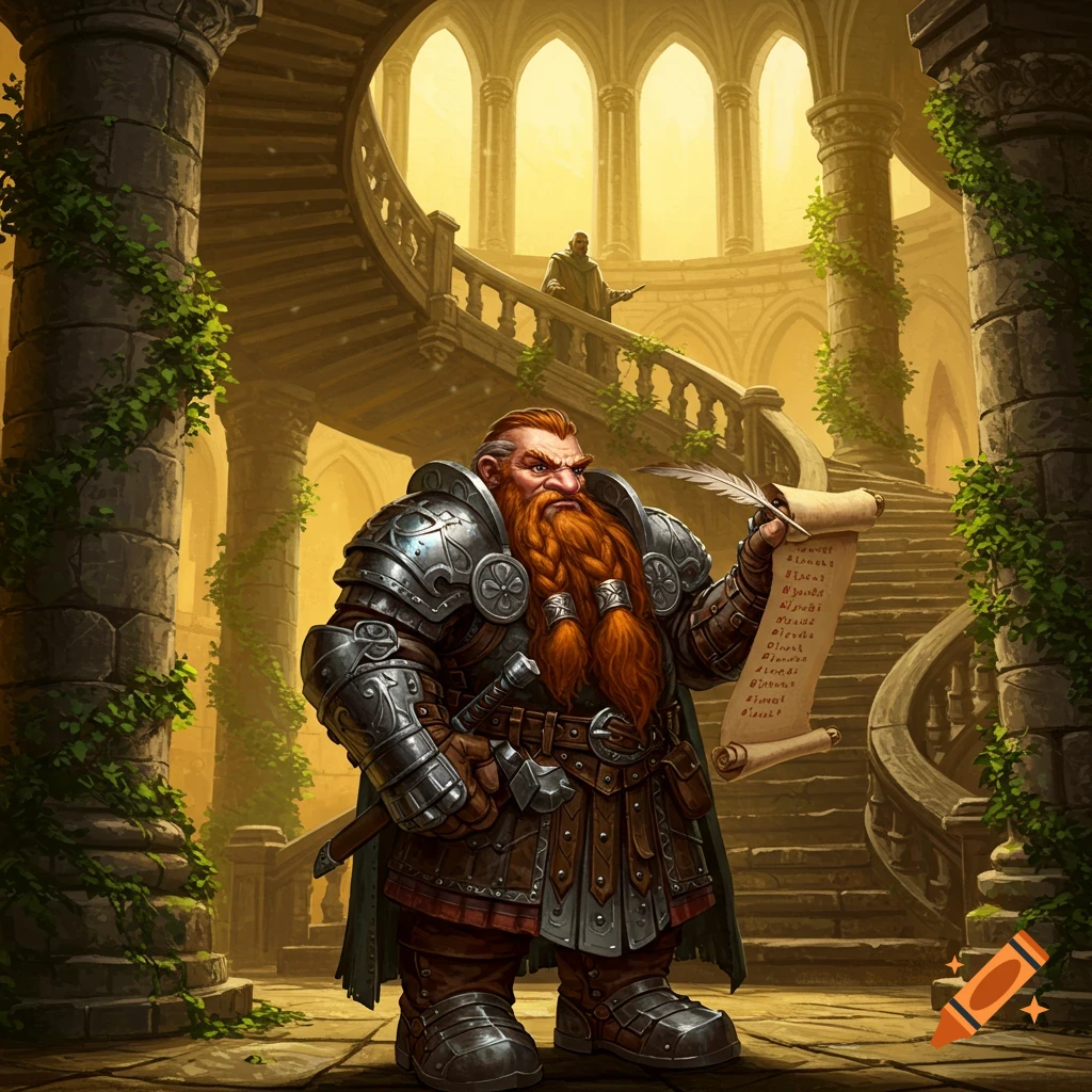 A dwarf in armor holds a scroll and quill in a grand hall with a winding staircase and ivy-covered columns.
