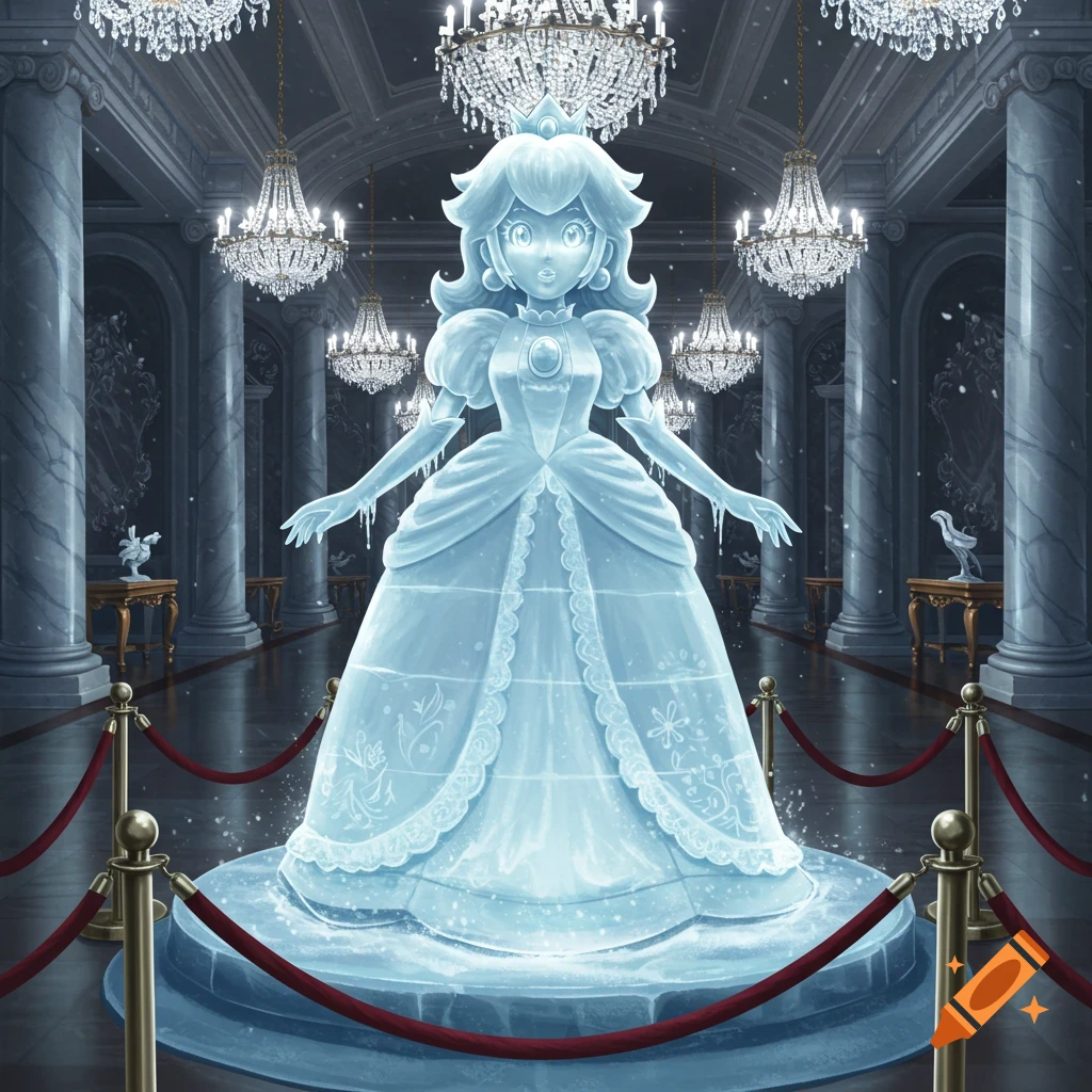 A detailed digital art rendering of Princess Peach as a shimmering ice statue, displayed in a grand, chandelier-lit hall.