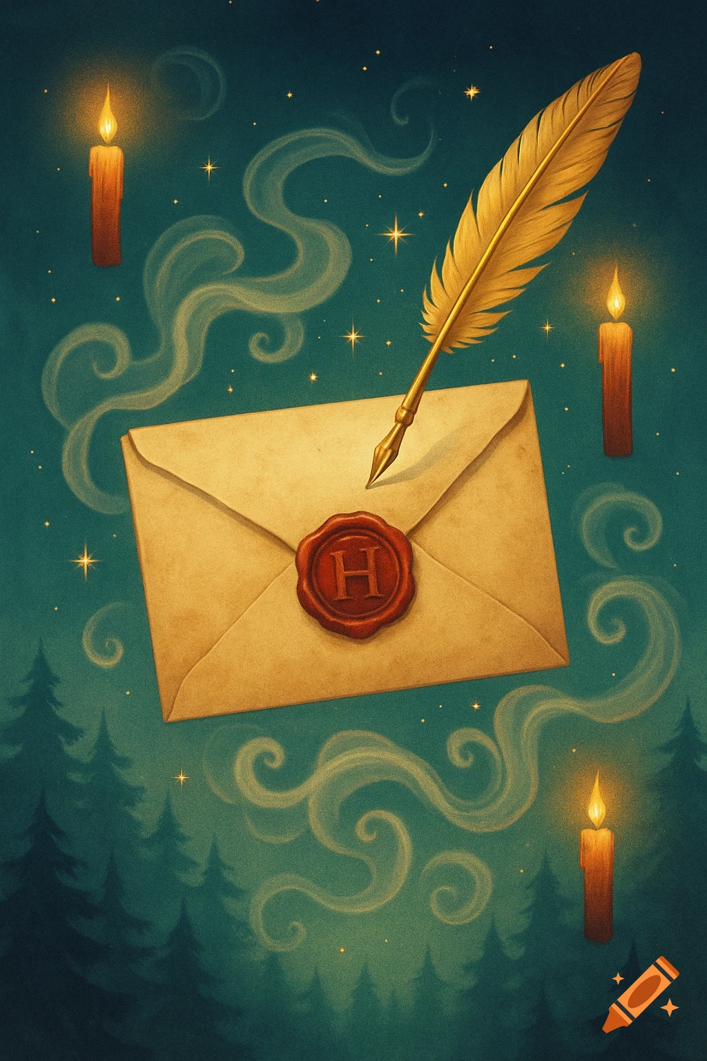 A magical, illuminated envelope with a red wax seal bearing an 'H', a golden quill, candles, and smoky swirls float above a dark forest.