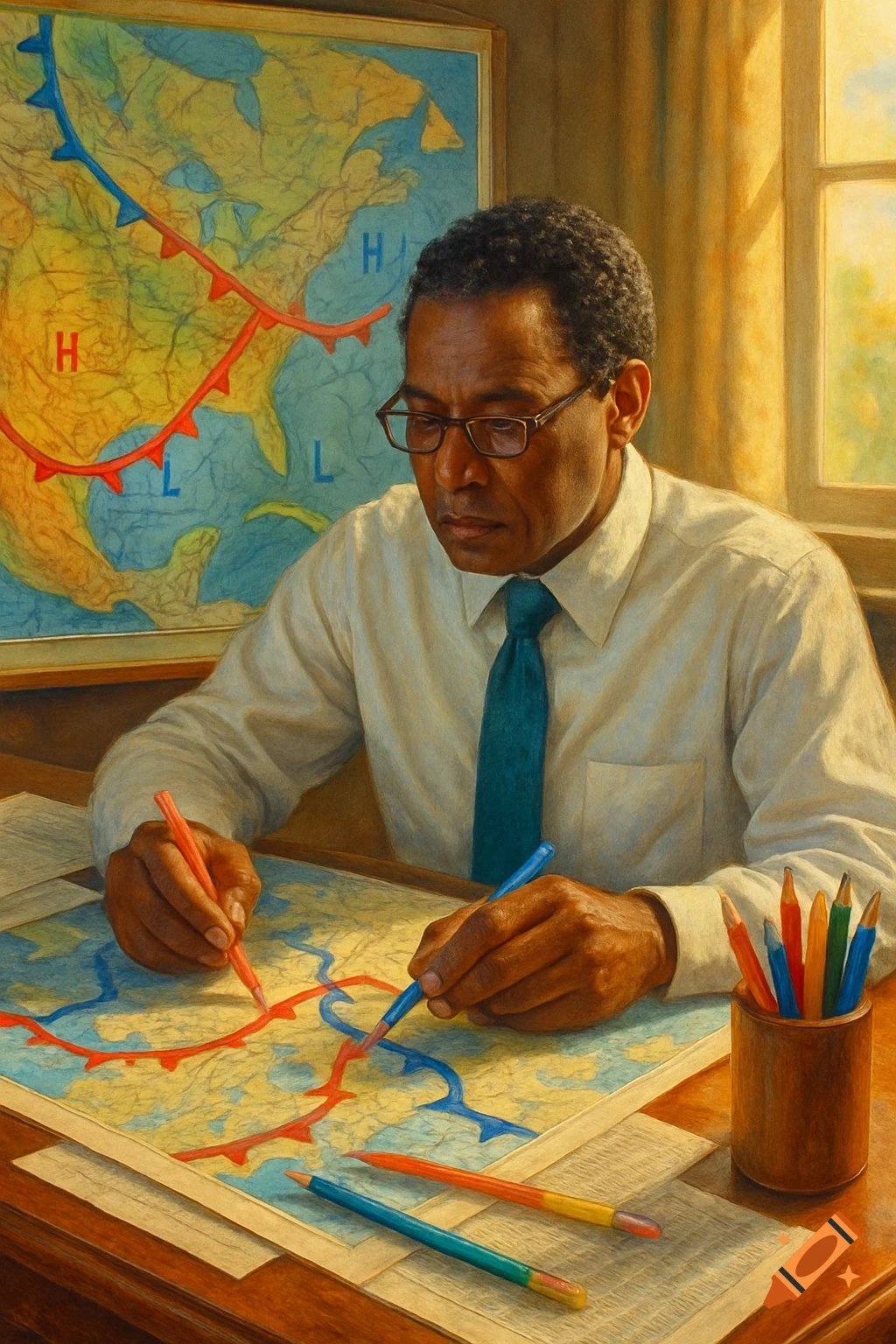 Illustration of a Black meteorologist drawing on a weather map with colored pencils, showing high and low pressure systems.