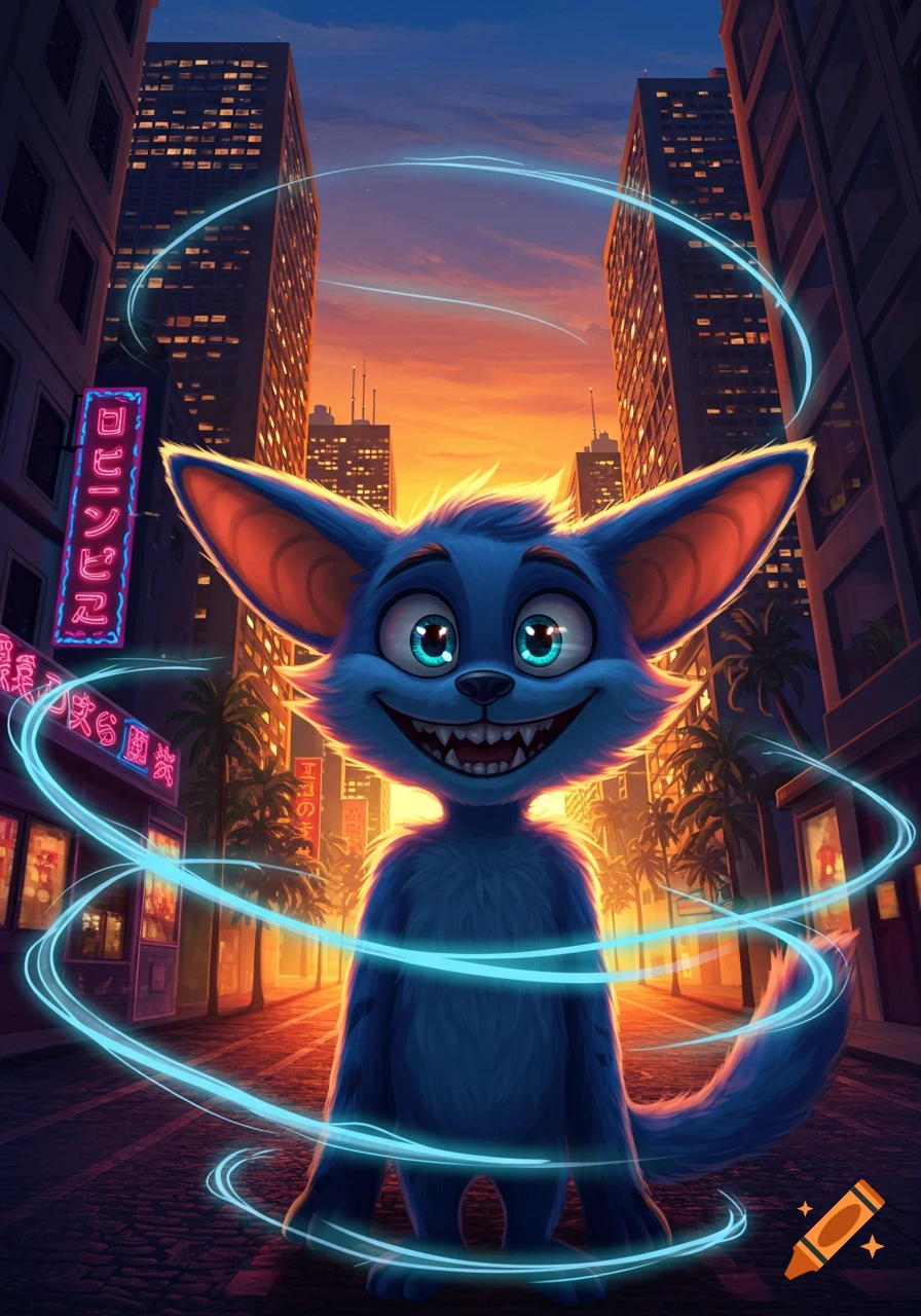 A happy, blue cartoon creature with large ears stands in a city street at sunset with glowing blue rings around it. Tall buildings and neon signs are in the background.