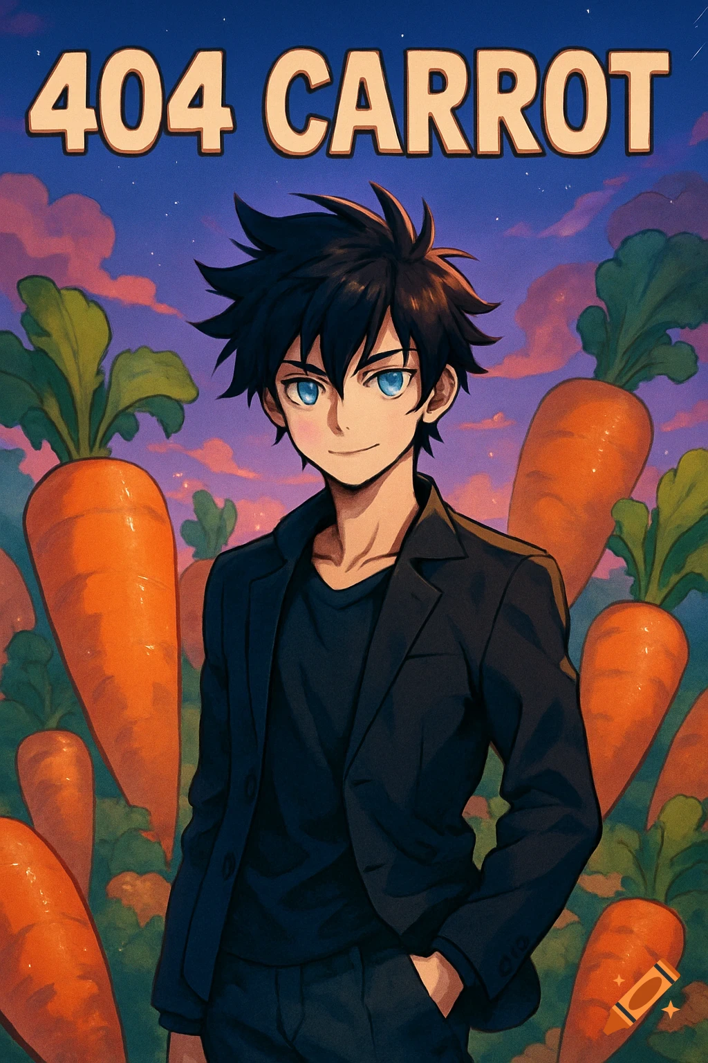 An anime boy stands in a field of giant carrots under an evening sky, with '404 CARROT' text above.