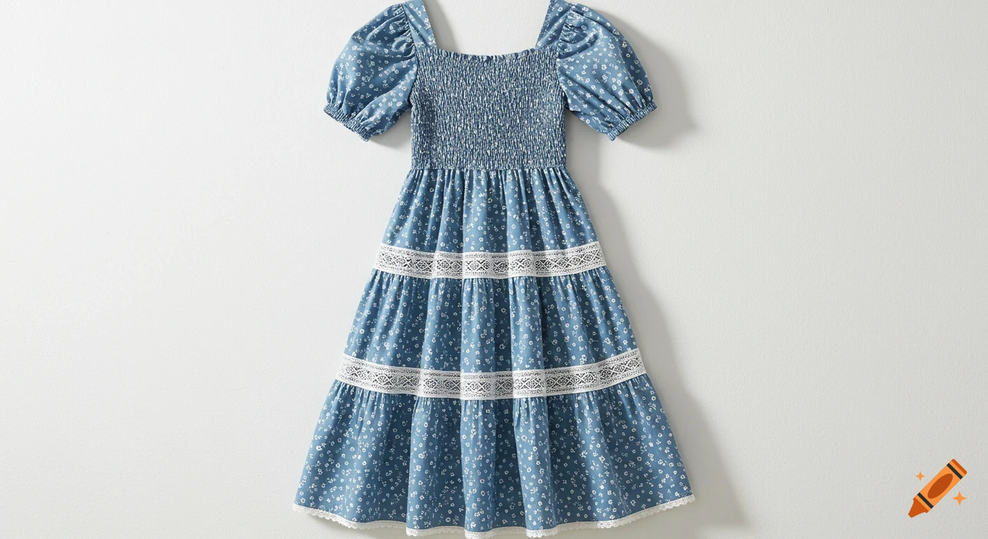 A medium blue cotton dress with small white flowers, shirred bodice, square neckline, gathered short sleeves, and a 3-tier maxi skirt with white lace trim, flat-lay on a white background.