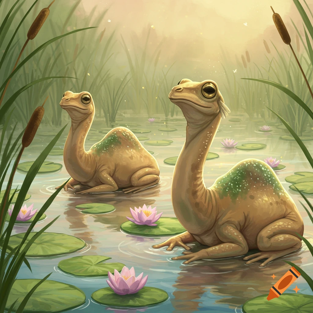 Two unique camel-frog creatures sit in a pond surrounded by lily pads, pink water lilies, and tall green reeds under soft sunlight.