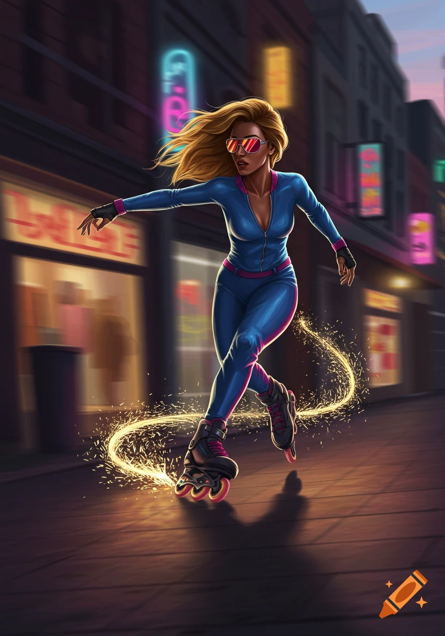 A vibrant digital art illustration of a woman rollerblading at night in an urban setting, leaving a trail of sparks.