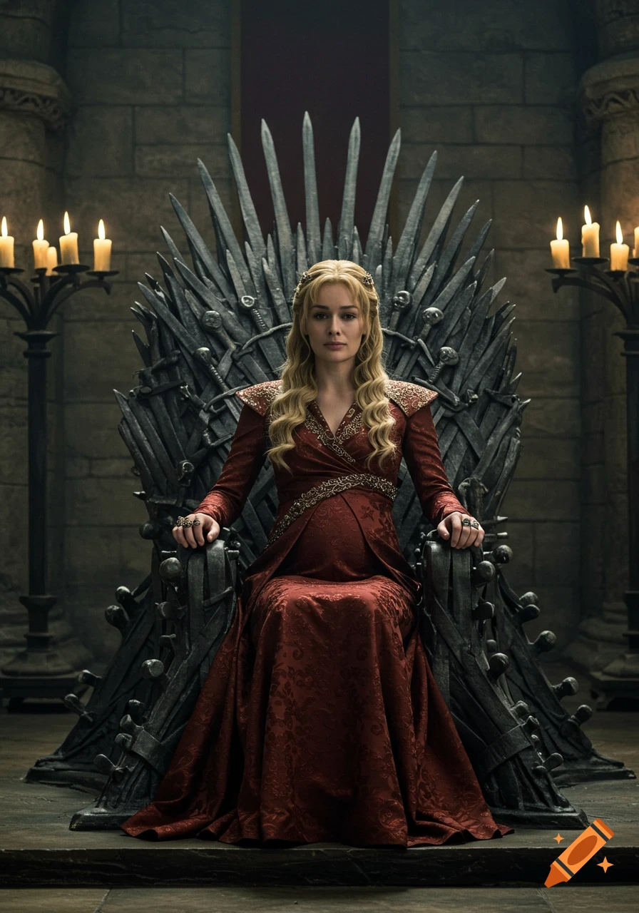 A pregnant blonde woman in a red gown sits on a throne made of swords in a dimly lit stone hall.