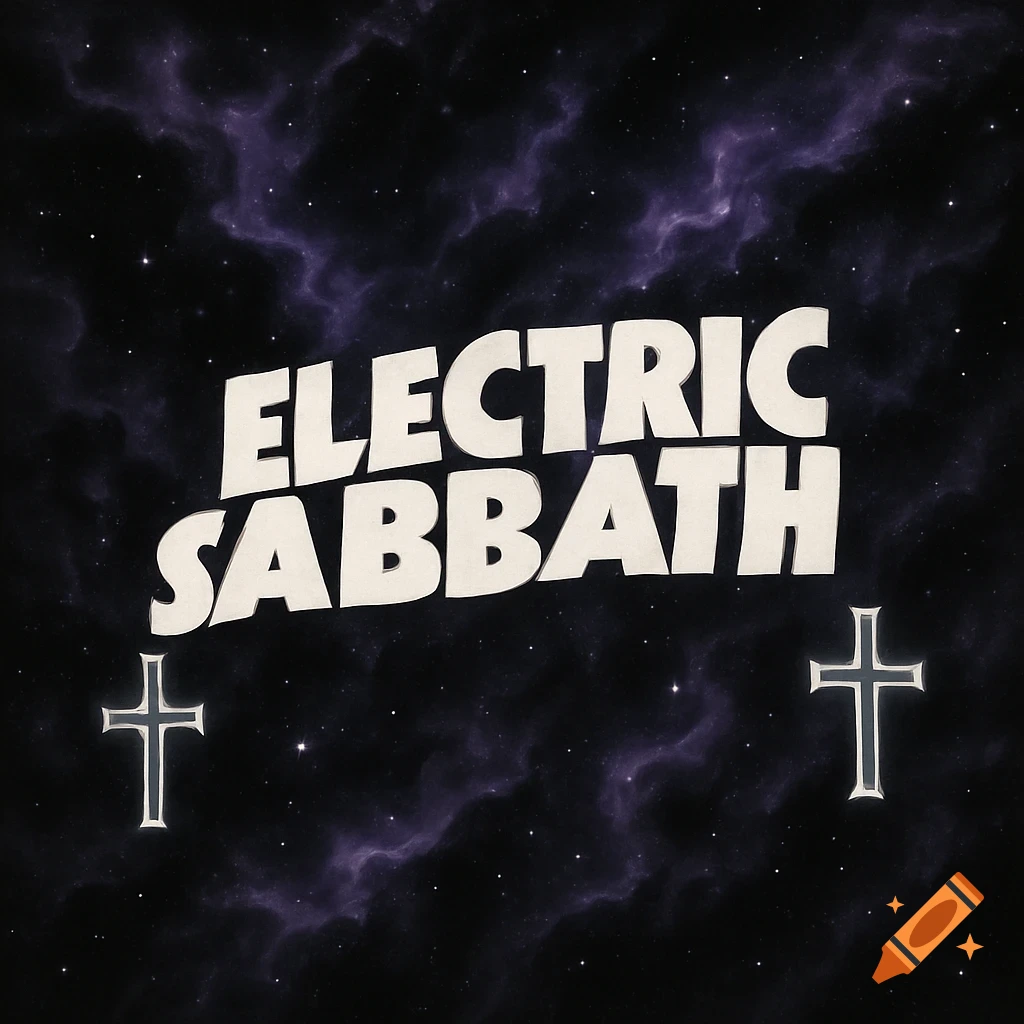 The words 'Electric Sabbath' in a bold font against a dark purple nebula and starry sky, flanked by two crosses.