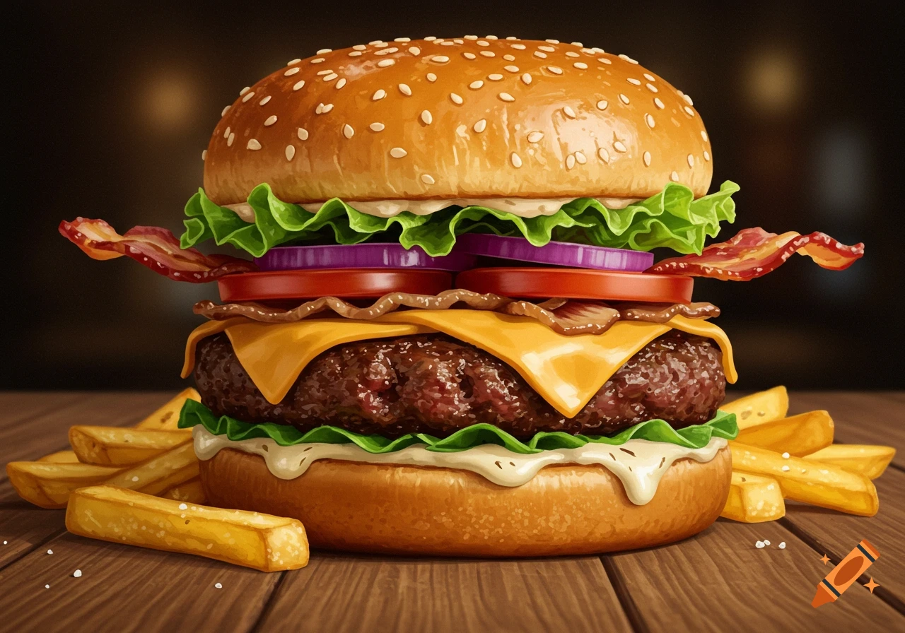 A large, detailed burger with bacon, cheese, lettuce, tomato, and onion, served with golden fries on a wooden table.