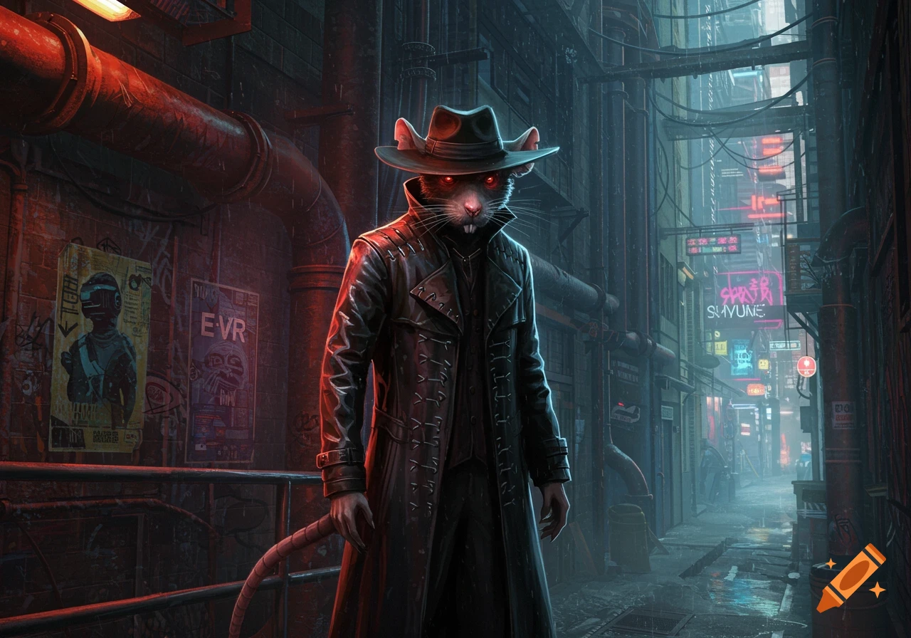 A rat-like figure in a black trench coat and fedora, with glowing red eyes, stands in a dark, wet, futuristic city alley with neon signs.