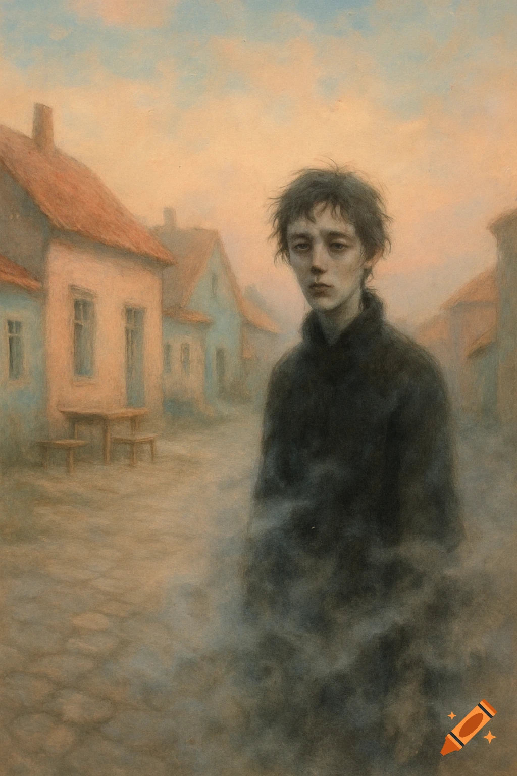 A melancholic person with messy hair stands in a dusty, ethereal village street, shrouded in mist. Painterly style.