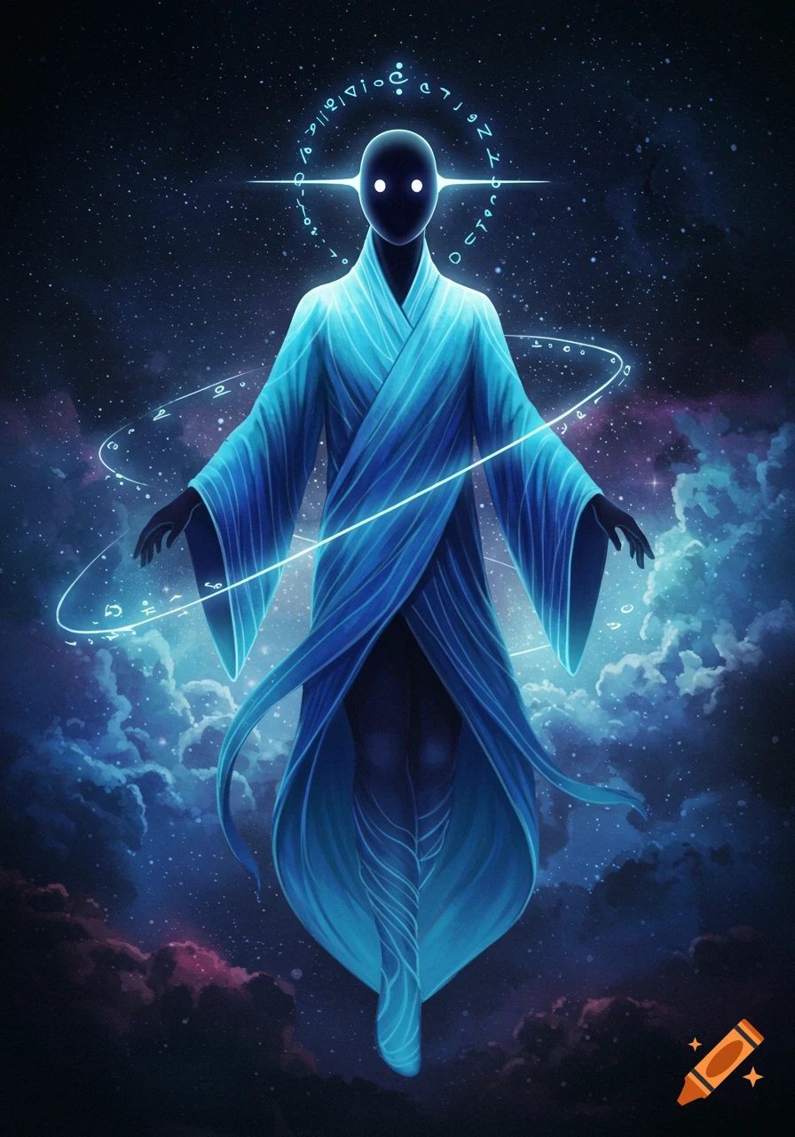 A glowing, ethereal figure in a blue robe with white eyes and a halo of alien script, floating amidst a vibrant starry nebula.