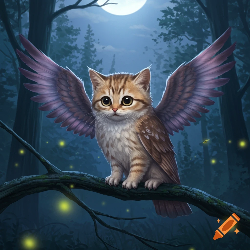 A cute kitten-owl hybrid with large eyes perched on a mossy branch in a dark, moonlit forest with fireflies, illustrated.