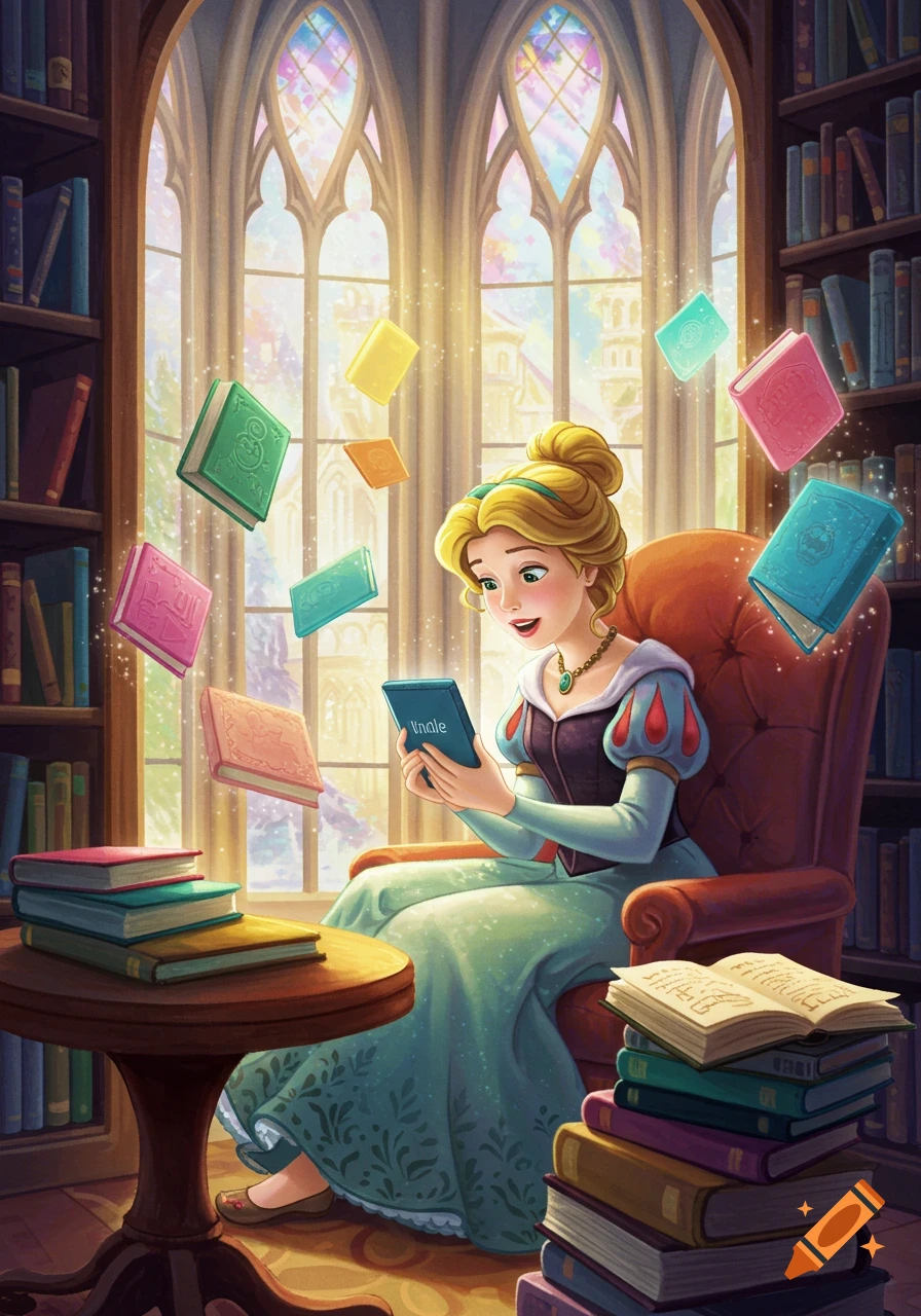 A cartoon princess with a messy bun reads on a kindle while floating books surround her in a magical library with stained glass windows.