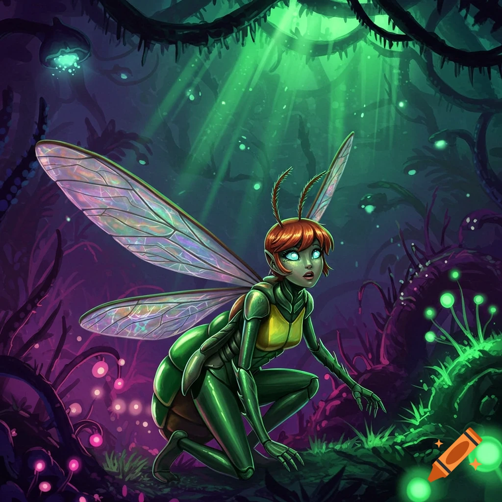 A vibrant illustration of a red-haired insect humanoid with translucent wings crouching in a glowing, purple and green fantasy forest.