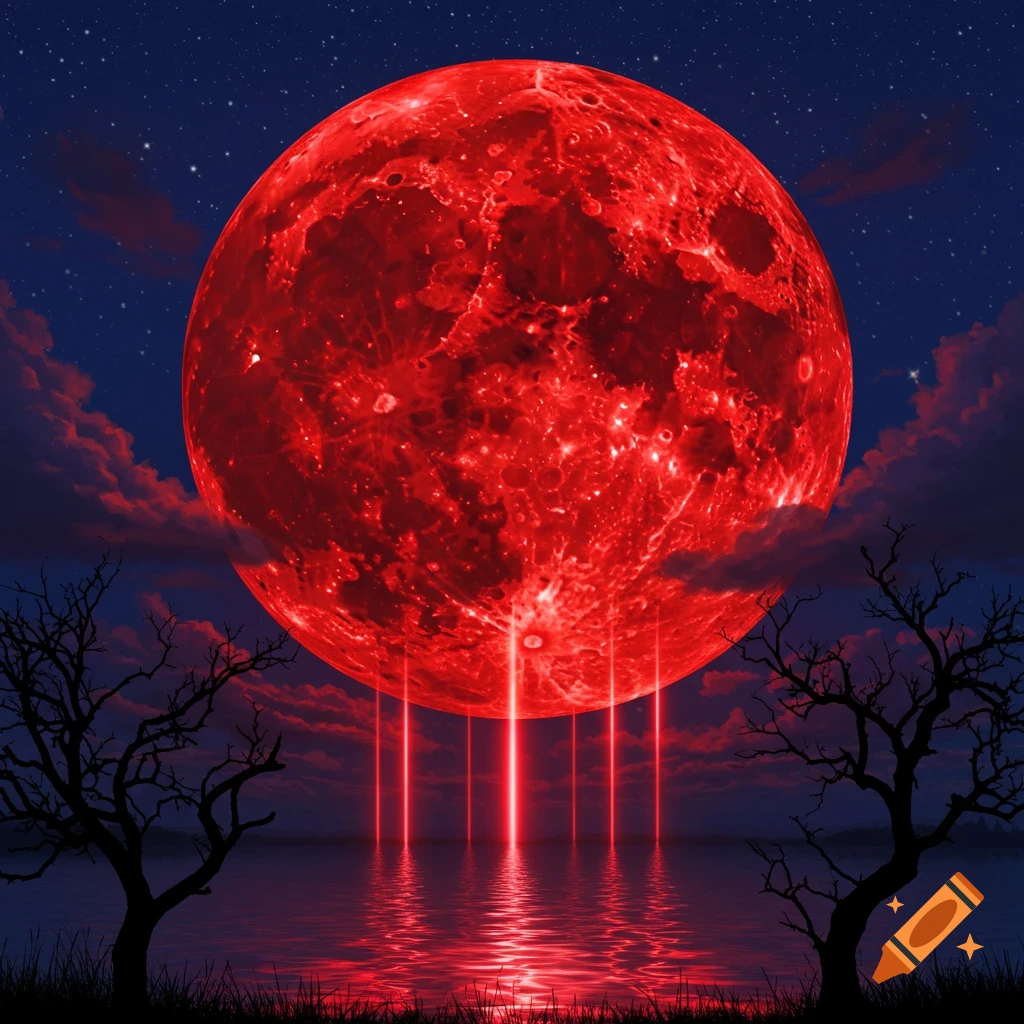 A colossal red moon illuminates a night landscape with glowing red beams reflecting on water, flanked by silhouetted trees.