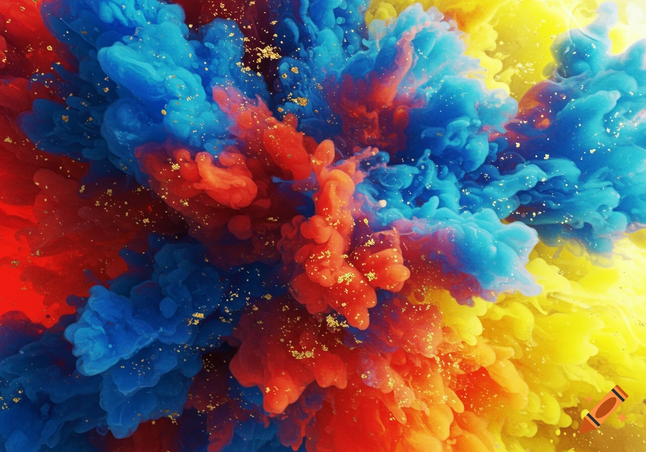Vibrant red, blue, and yellow smoke with gold glitter bursts and swirls abstractly.