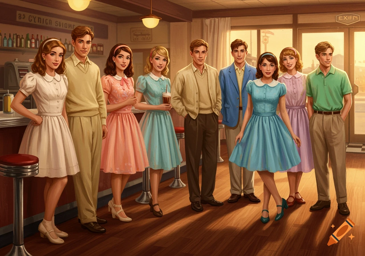 An illustration of seven teenagers dressed in 1950s attire standing inside a retro diner.