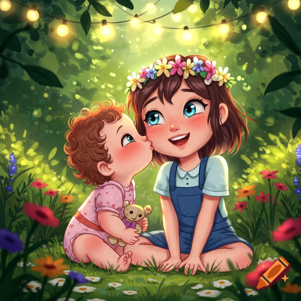 Cartoon illustration of a baby kissing a young girl's cheek in a whimsical garden setting with string lights.