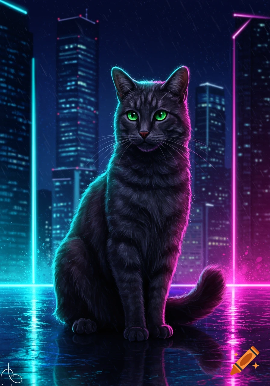 A black cat with glowing green eyes sits on a wet, reflective surface in a neon-lit cyberpunk city at night.