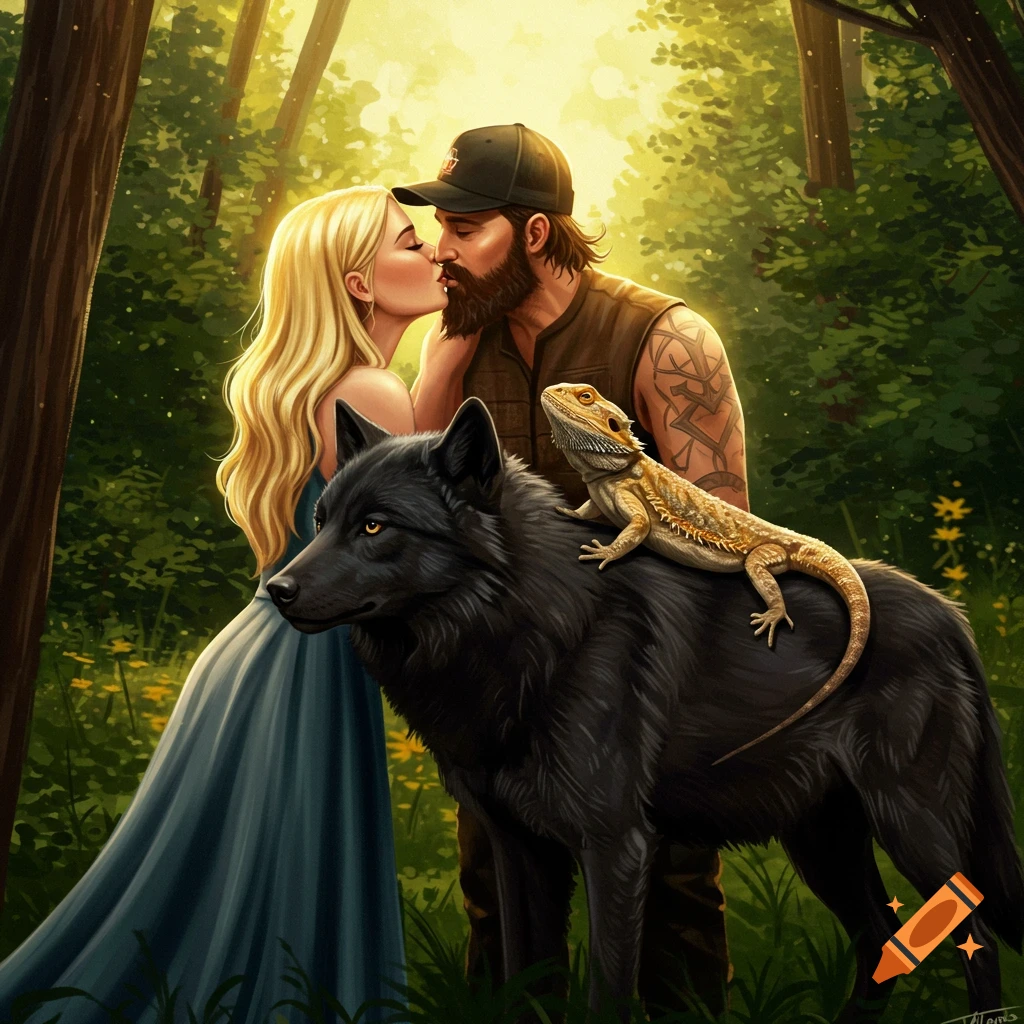 A blonde woman and bearded man kiss in a forest, a bearded dragon on a black wolf's back, in a painterly style.