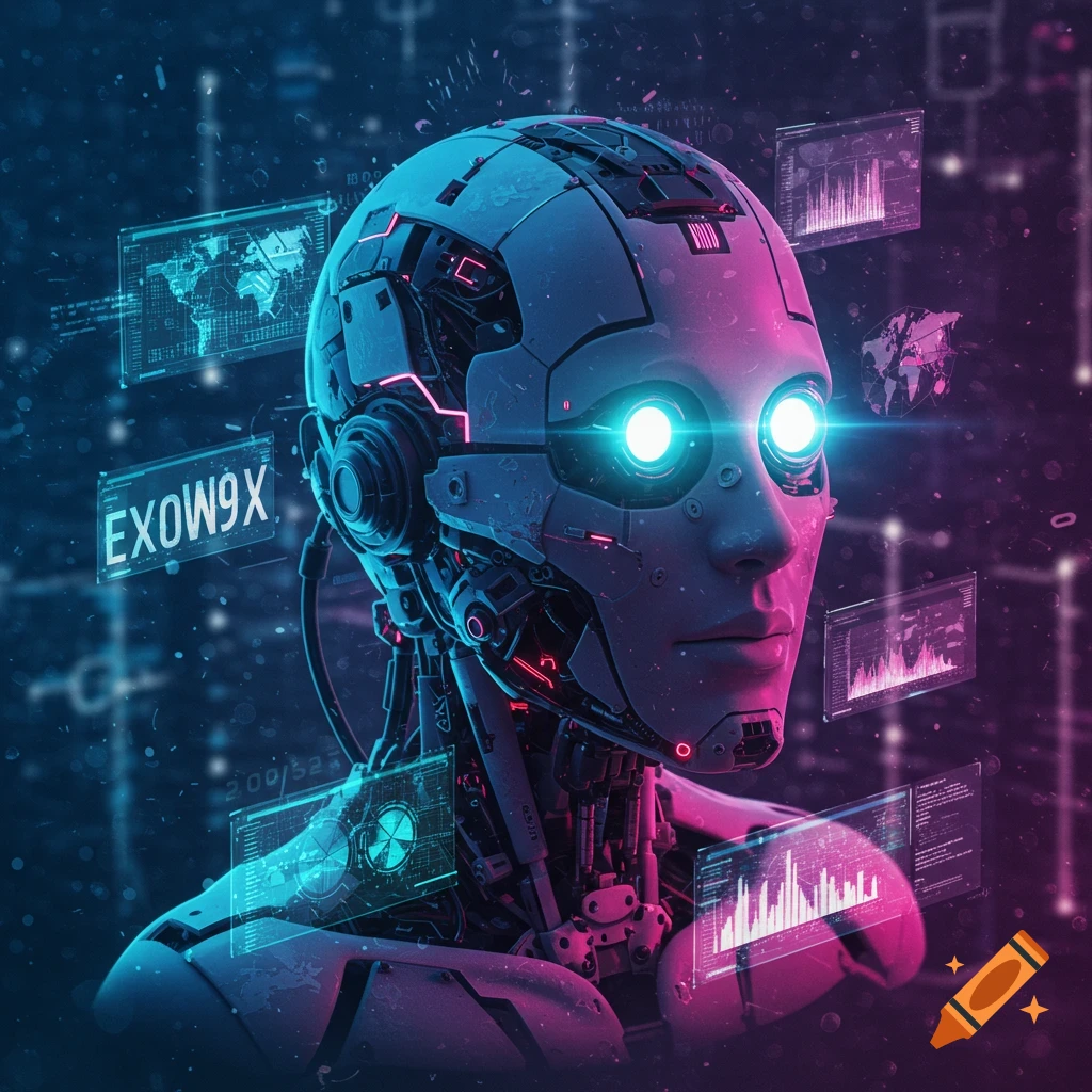 A futuristic robotic head with glowing blue eyes, surrounded by digital screens displaying data and maps, in a neon-lit cyber environment.