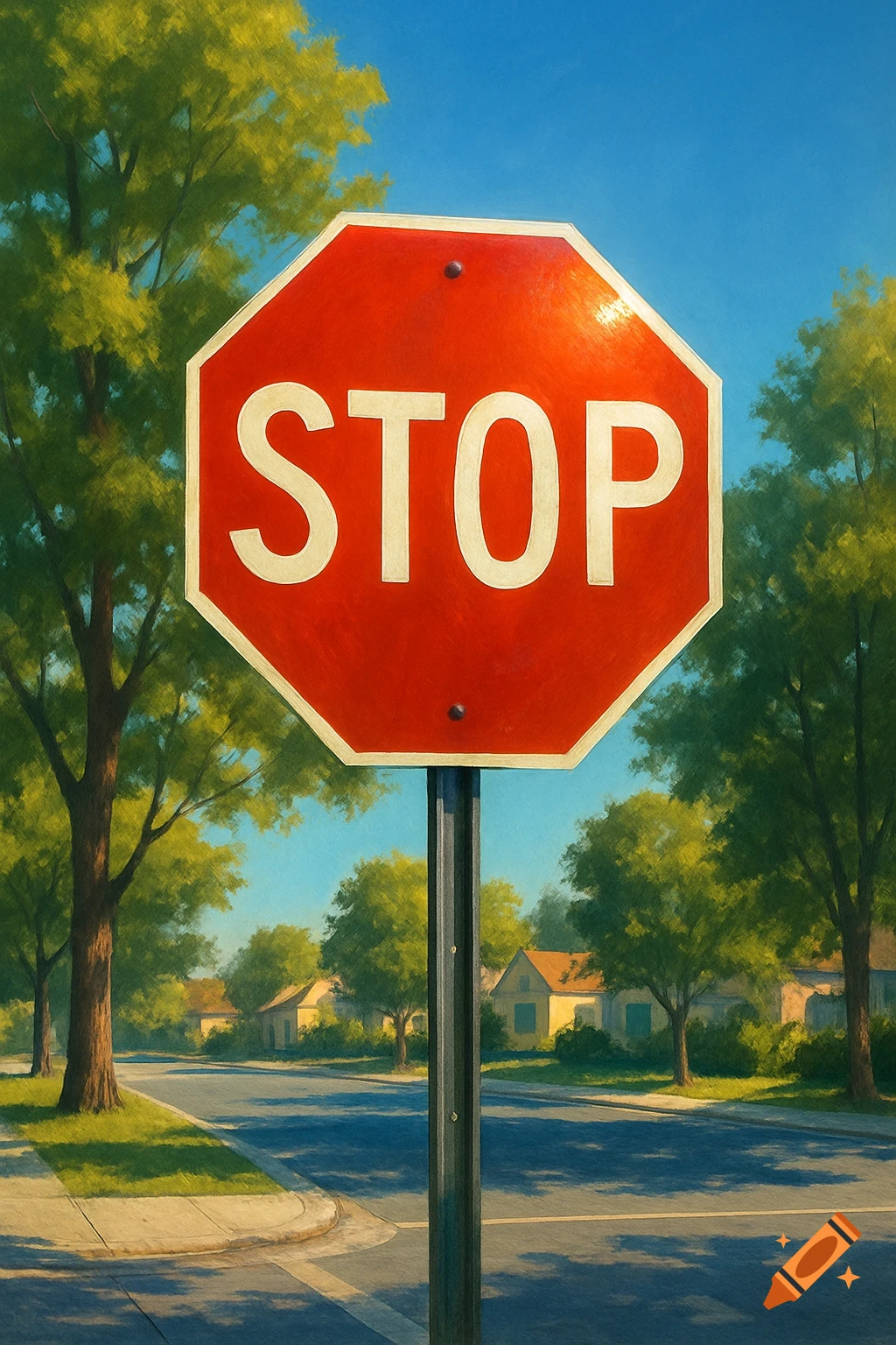 A bright red stop sign stands on a suburban street lined with green trees and houses, rendered in a painterly style.