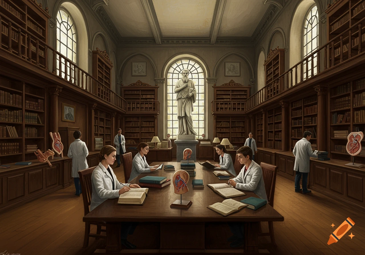 Students in white lab coats study in a grand, high-ceilinged medical library with anatomical models and tall bookshelves.