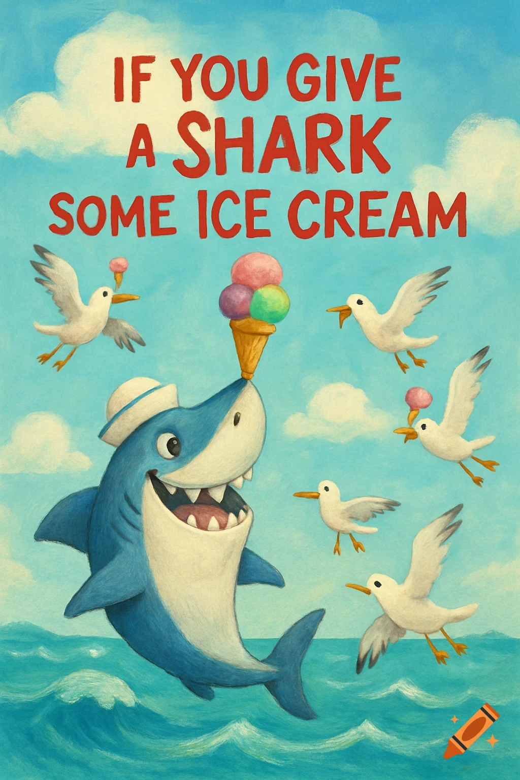 A cheerful cartoon shark in a sailor hat balances a colorful ice cream cone, with seagulls flying by. Text: 'IF YOU GIVE A SHARK SOME ICE CREAM'. Children's book illustration.