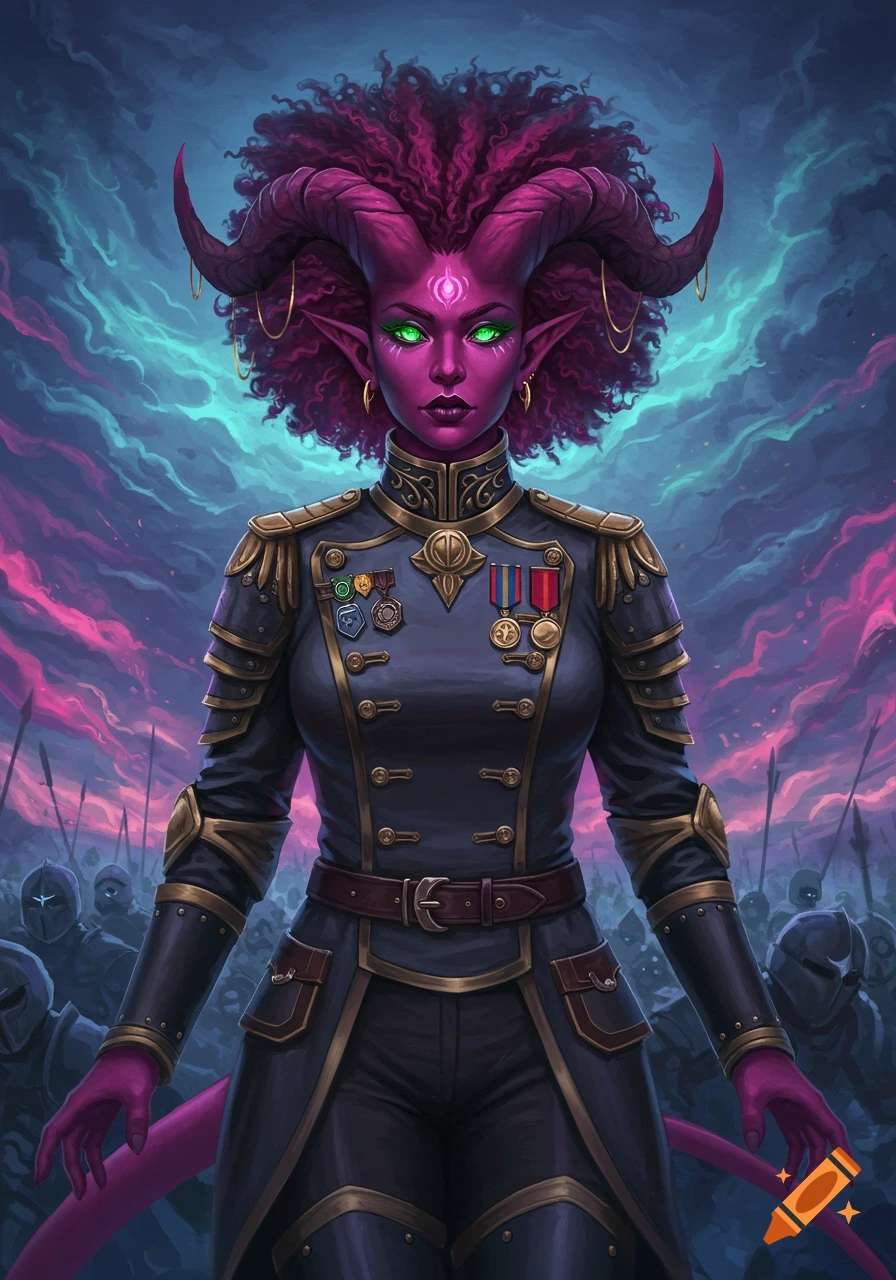 A striking fantasy portrait of a magenta-skinned tiefling sorceress in a detailed military uniform with green eyes, curly pink hair, and horns.
