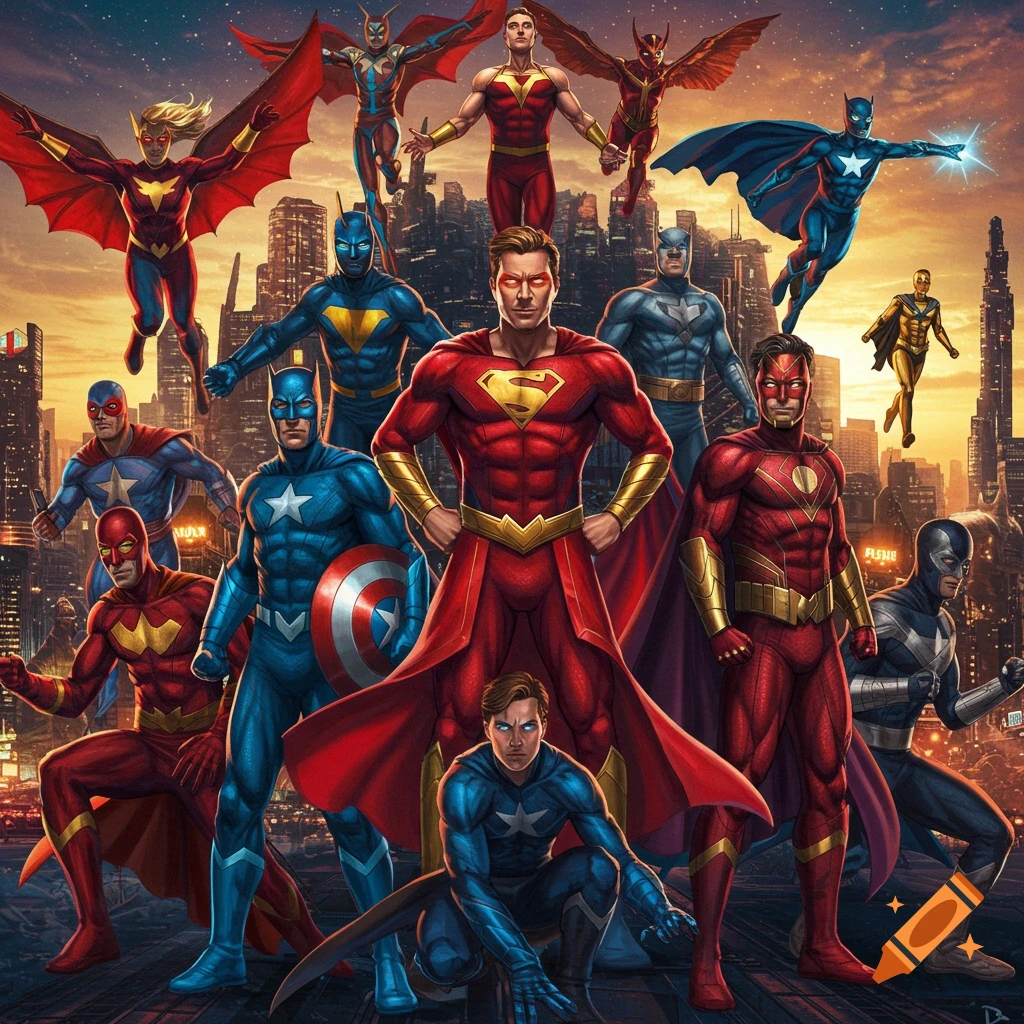A collage of many superheroes in colorful costumes standing and flying above a futuristic city skyline at sunset, in a comic book style.