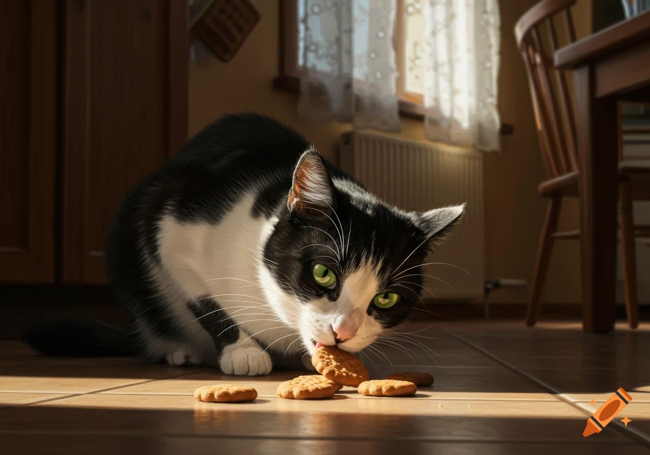 A black and white tuxedo cat with bright green eyes lies on a tiled floor, eating a biscuit. Several other biscuits are nearby.