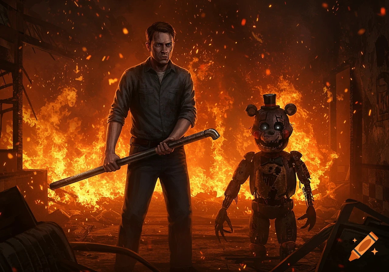 Henry Emily with a metal pipe stands next to a damaged animatronic Lefty in a burning building, depicted in a realistic, dramatic style.