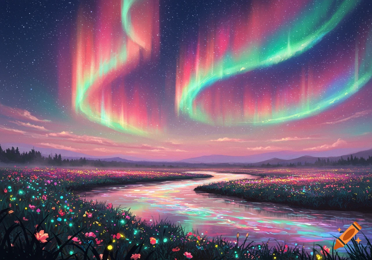 A vibrant landscape with a colorful aurora borealis, a glowing river, and fields of illuminated flowers under a starry sky.